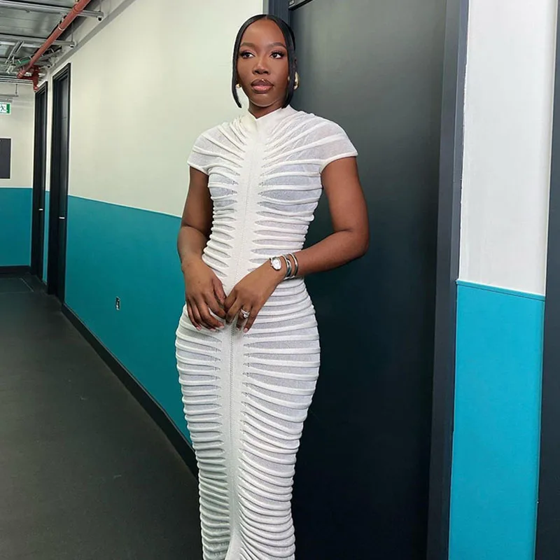 

Elegant Striped Knitted Bodycon Maxi Dress Women Short Sleeve Stand Collar Slim Fit Stretchy Night Club Party Long Dresses Robe
