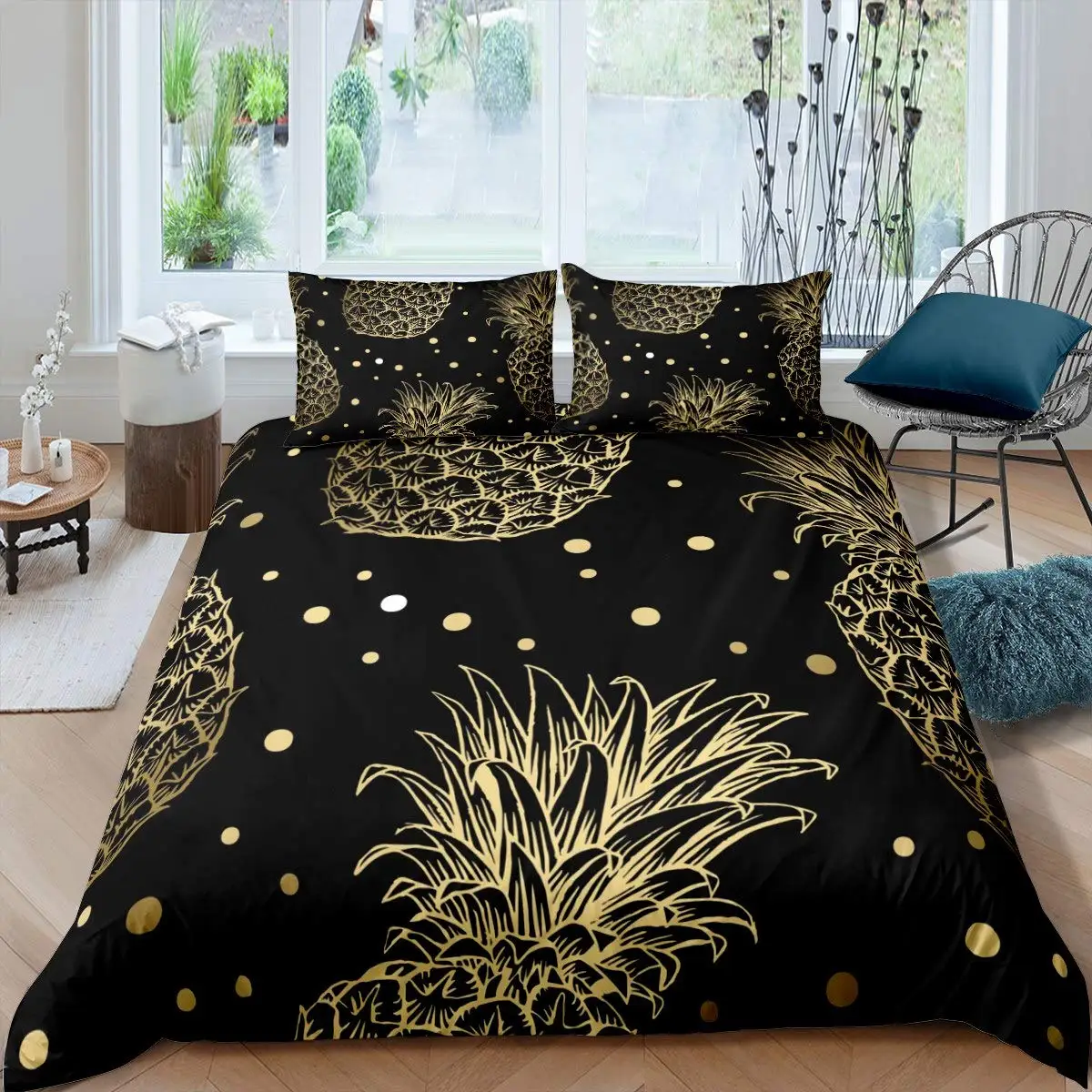 

Pineapple Bedding Black Gold Pineapple Printed Duvet Cover for Kids Boys Girls Polka Dot Decoration Luxury Quilt Cover Bedroom