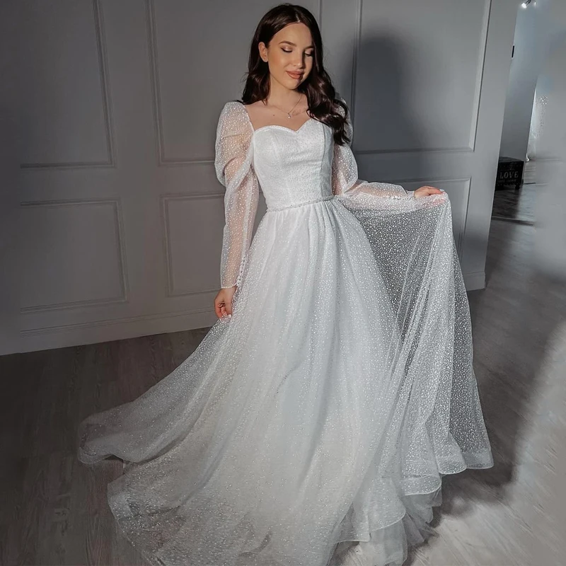 

Princess Dot Tulle A Line Wedding Dress Sweetheart Long Sleeve Elegant Sweep Train Bridal Gown Customize Vestidos De Novia Civil