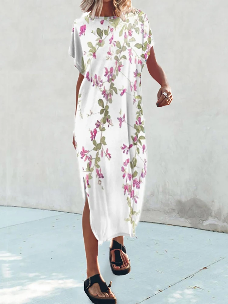 

O-Neck Printing Loungewear Party Dress Women Summer Short Batwing Sleeve Loose Fit Simple Ladies Maxi Dress Streetwear Vestidos