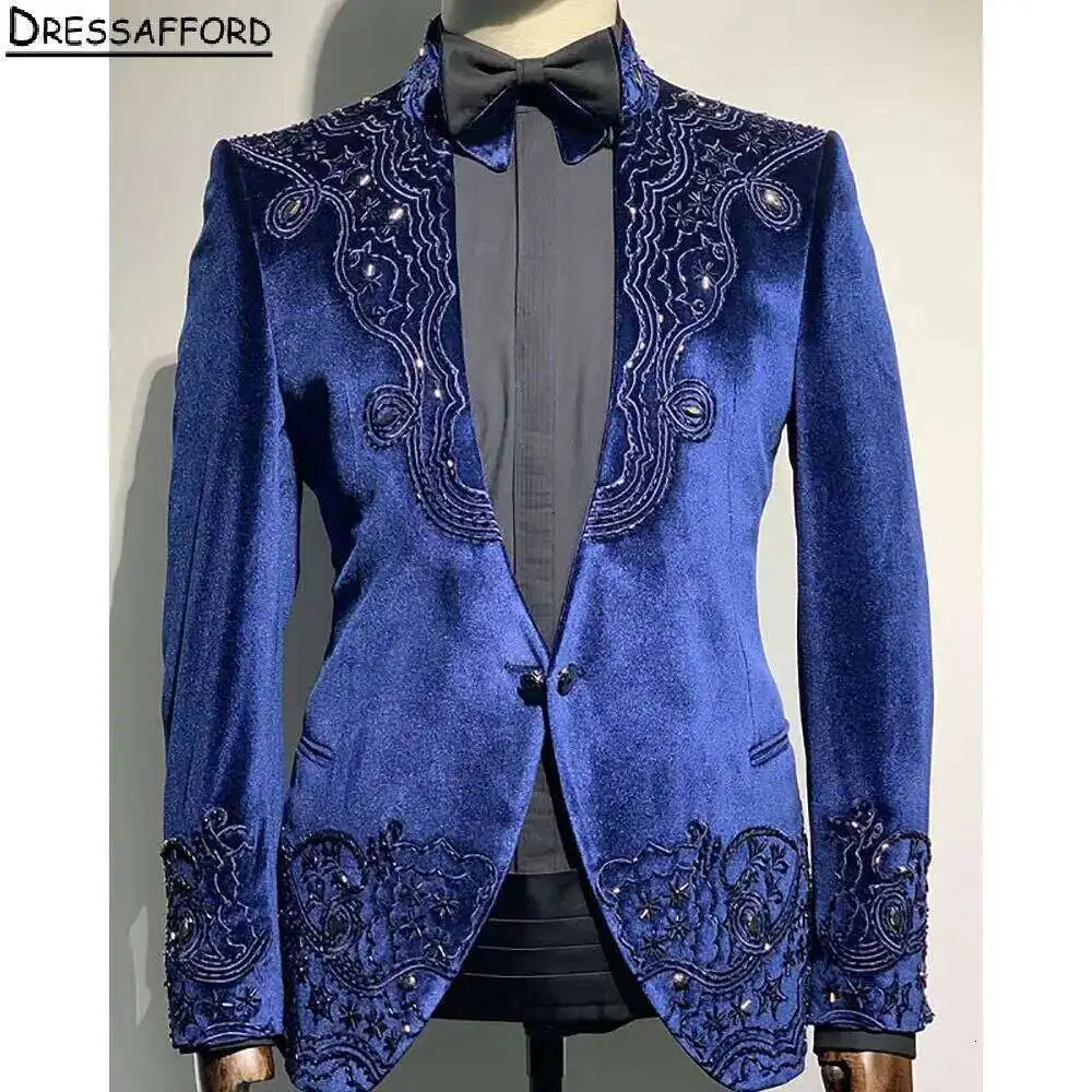 Фото Мужские костюмы Blue Veet для свадьбы, с аппликациями и бисером, смокинги для жениха, 2 предмета: пиджак и брюки, блейзеры для выпускного вечера, на заказ №1