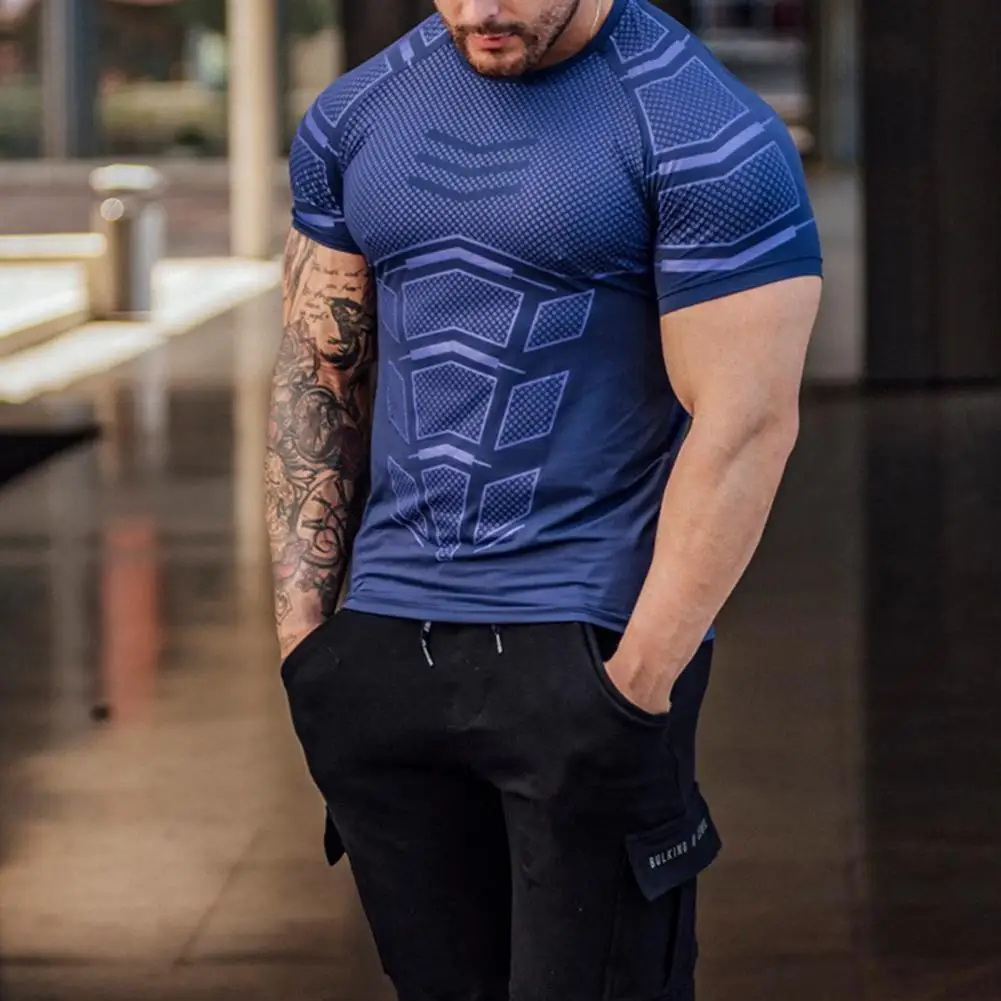 

Fitness T-shirt Round Neck Short Sleeve Pullover Sport Wear High Elasticity Skinny Tee Shirt Men Quick-drying Clothes for Summe
