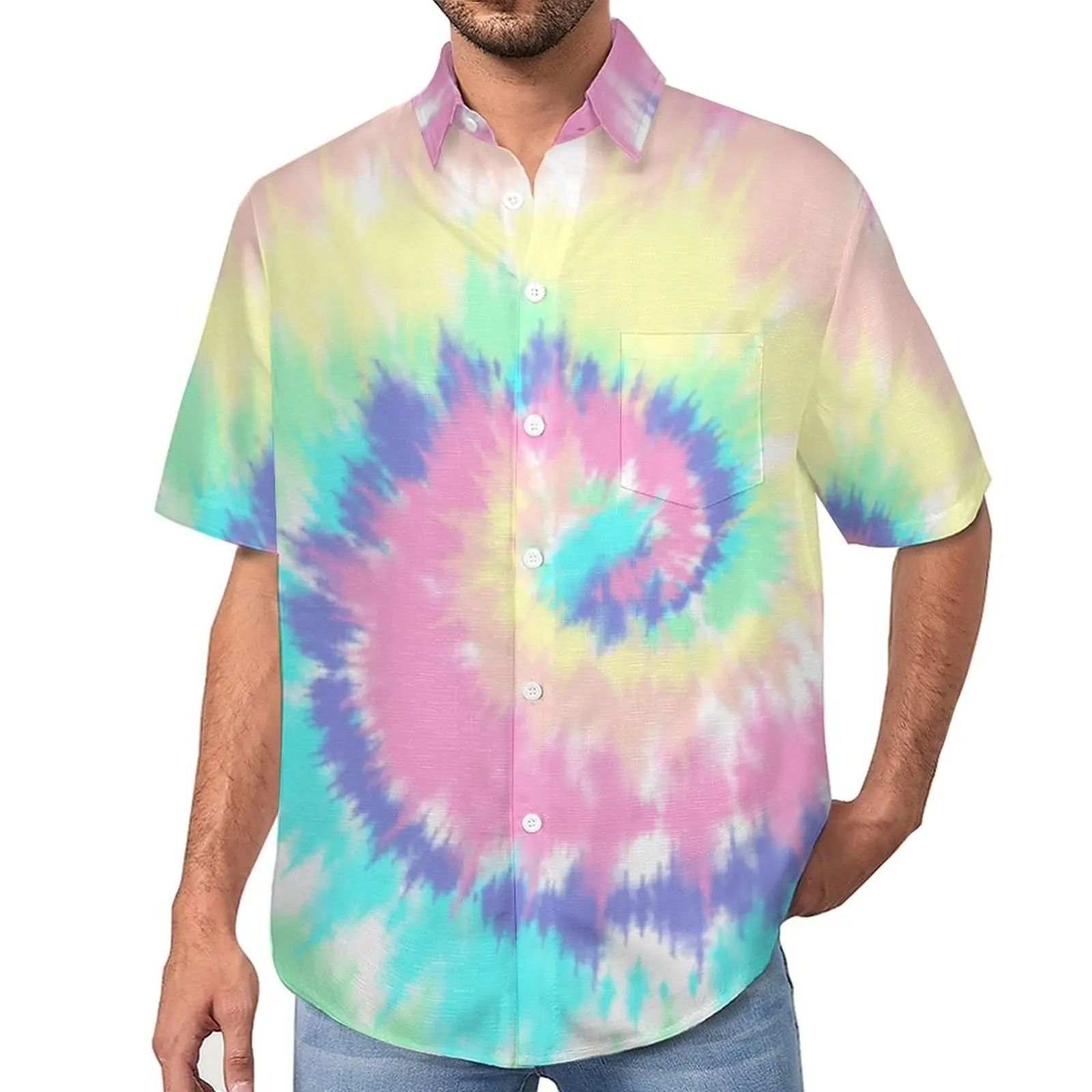 

Tie Dye Print Loose Shirt Man Vacation Pastel Rainbow Casual Shirts Summer Custom Short Sleeve Streetwear Oversized Blouses