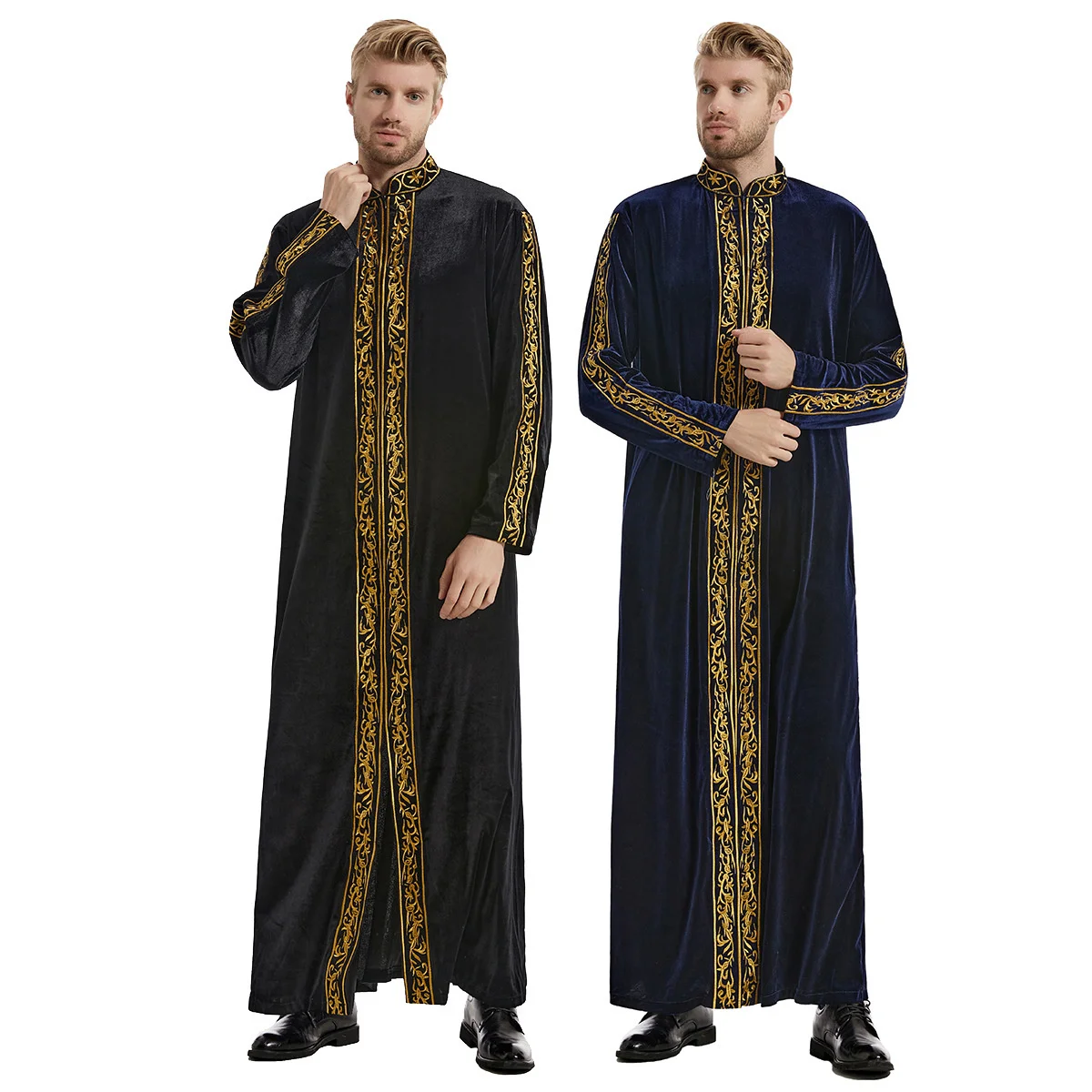 

Muslim Male Gold Velvet Embroidered Robe Men's Jubba Thobe Kaftan Long Pakistan Aman Abaya Saudi Arabia Djellaba Islam Clothing