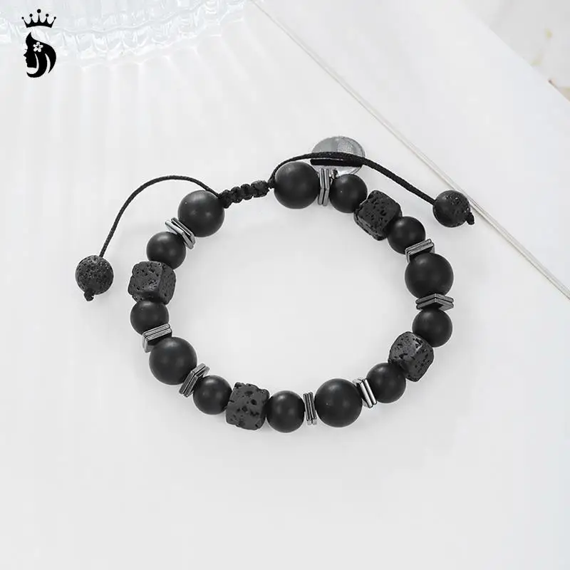 Черный Браслет из лавового квадратного вулканического камня мужской матовый