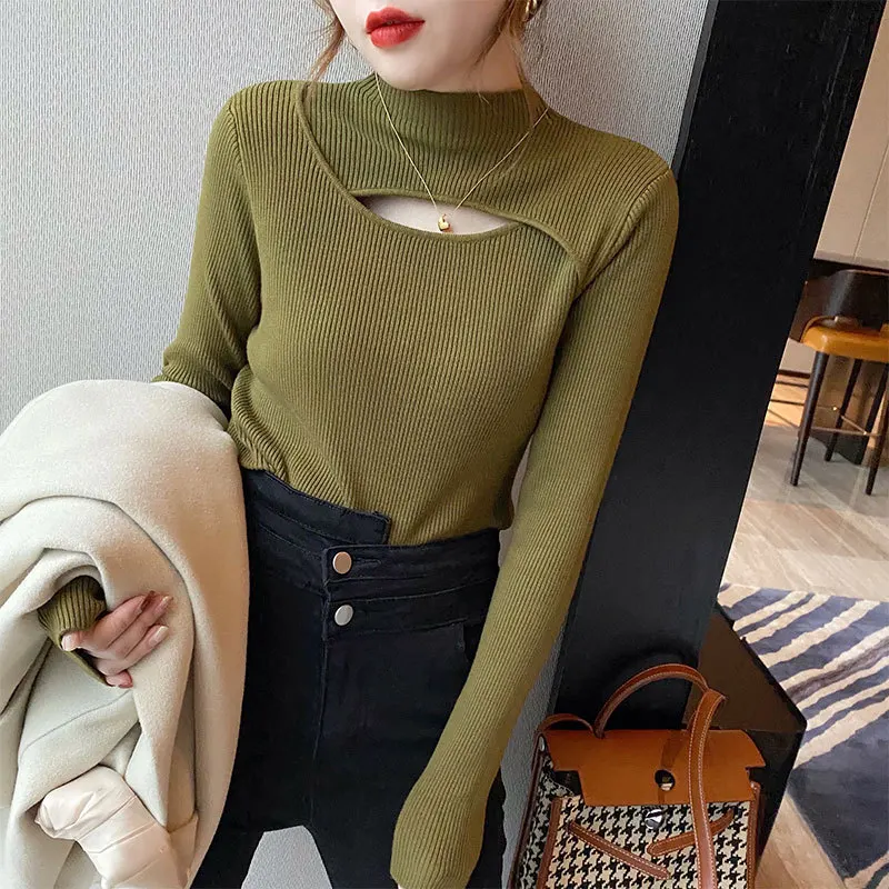 

Women Autumn Winter Fashion High Neck Solid ColorLong Sleeve Knit Sweater For Ladies Inner Slim Bottoming Tops