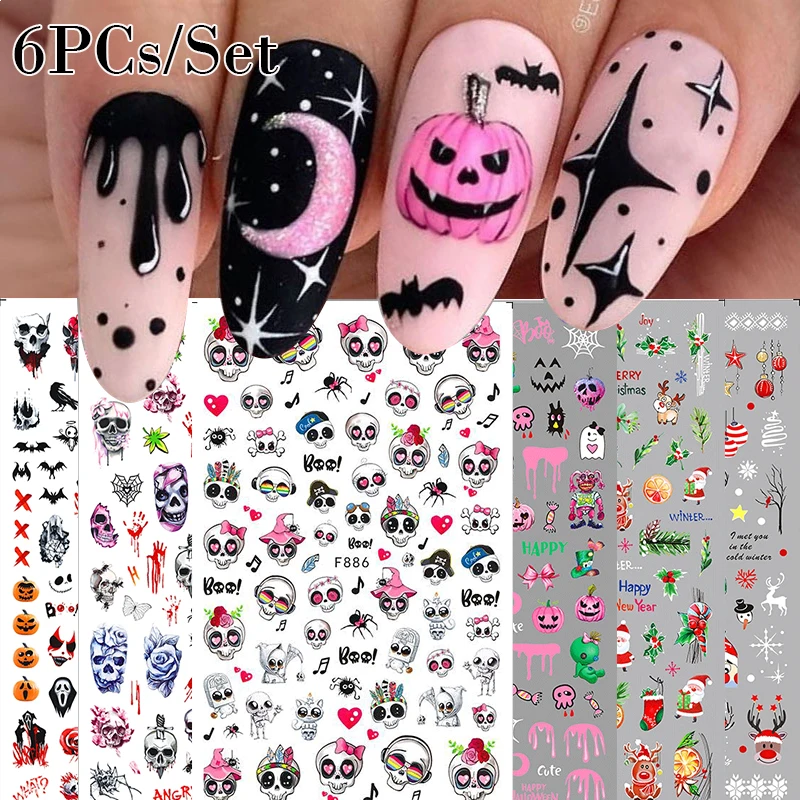 6PCs/Set 3D Nails Sticker Halloween Sliders Anime Cute Spooky Skull Cartoon Manicure Christmas Decorations Nail Decals Design - купить по