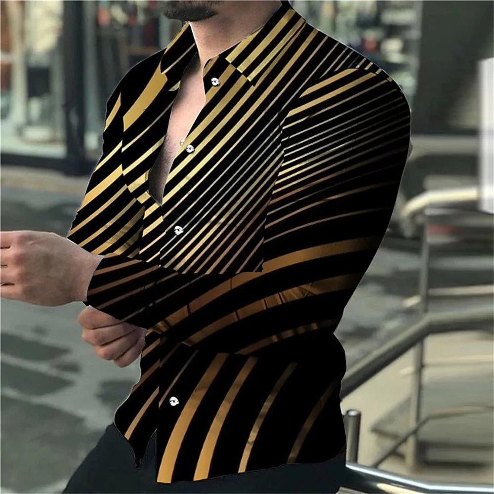 Men's formal party shirt high-quality material gold stripe lapel single-breasted outdoor street fashion designer clothing