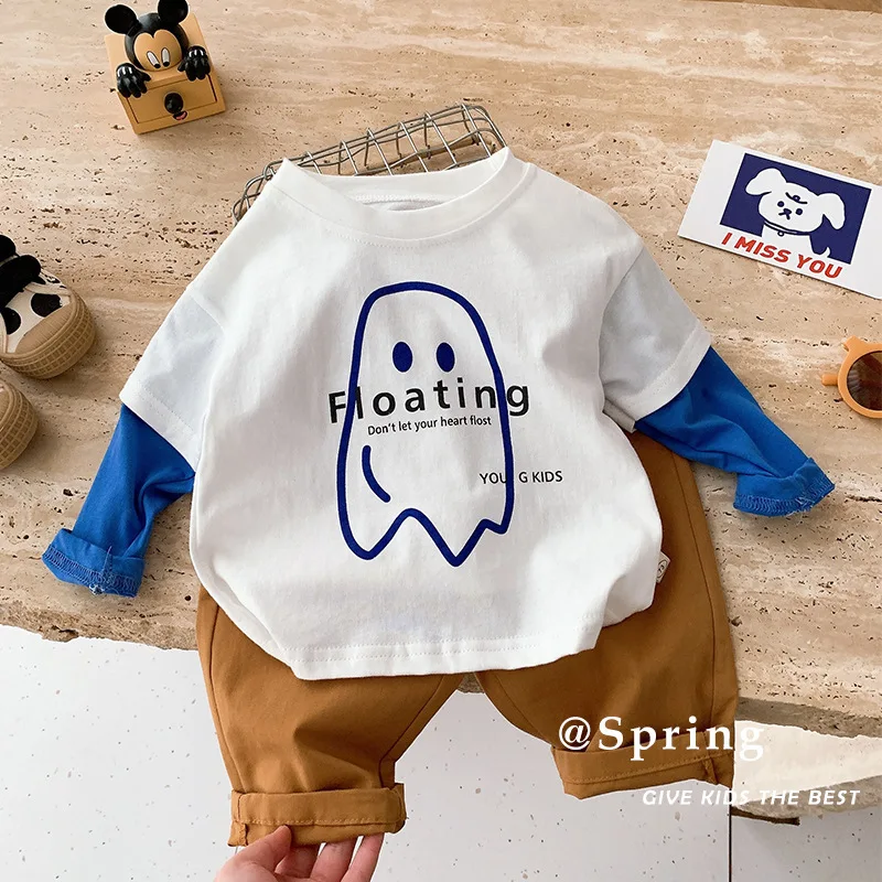 

Детская одежда, новинка 2023, модная весенняя новинка, Повседневная простая футболка с длинными рукавами для мальчиков и девочек, с мультяшны...