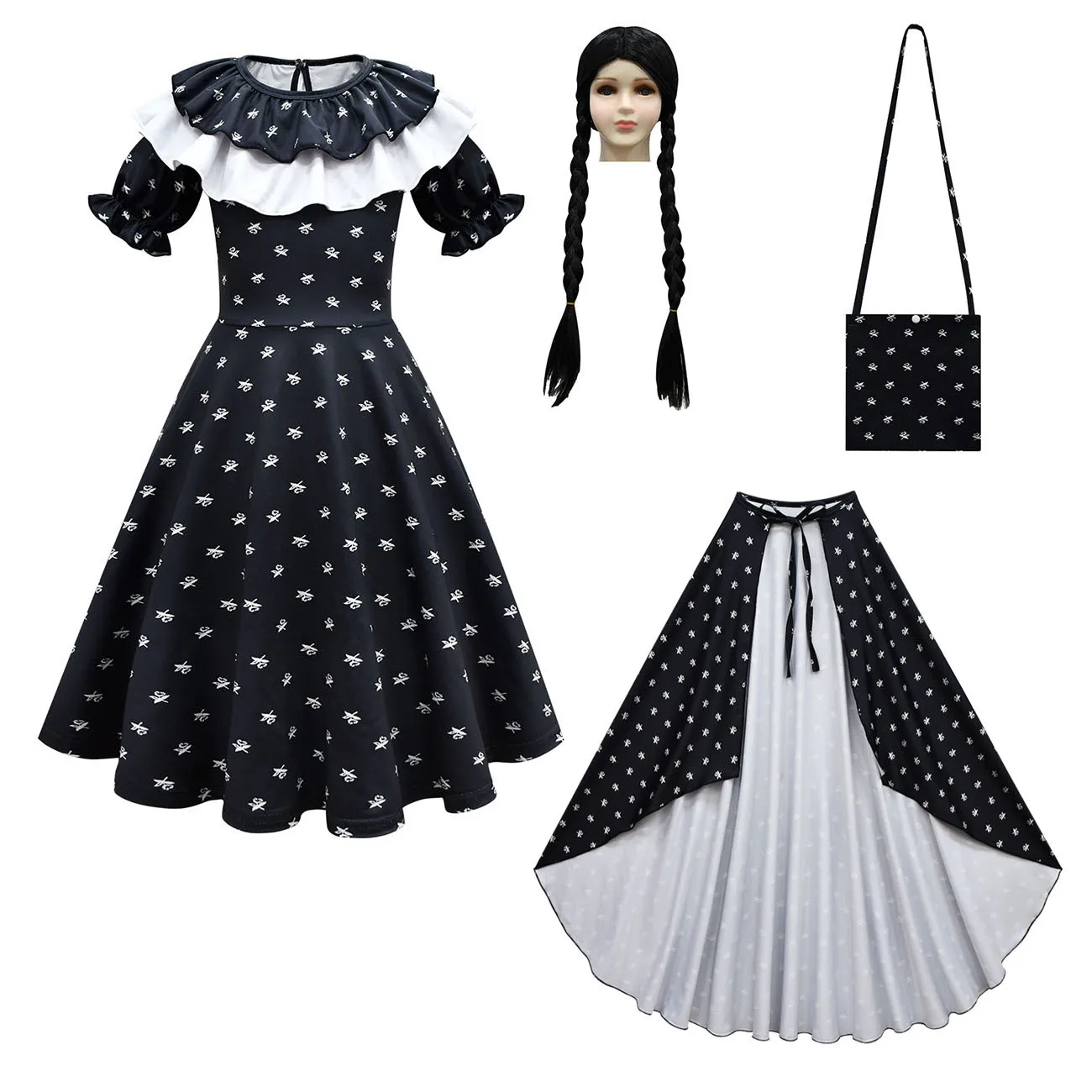 

2023 Cosplay Costume Dress For Girls Wednesday Kids Puff Sleeve Printing Black Dresses With Cloak Children Carnival Party 4-12Y