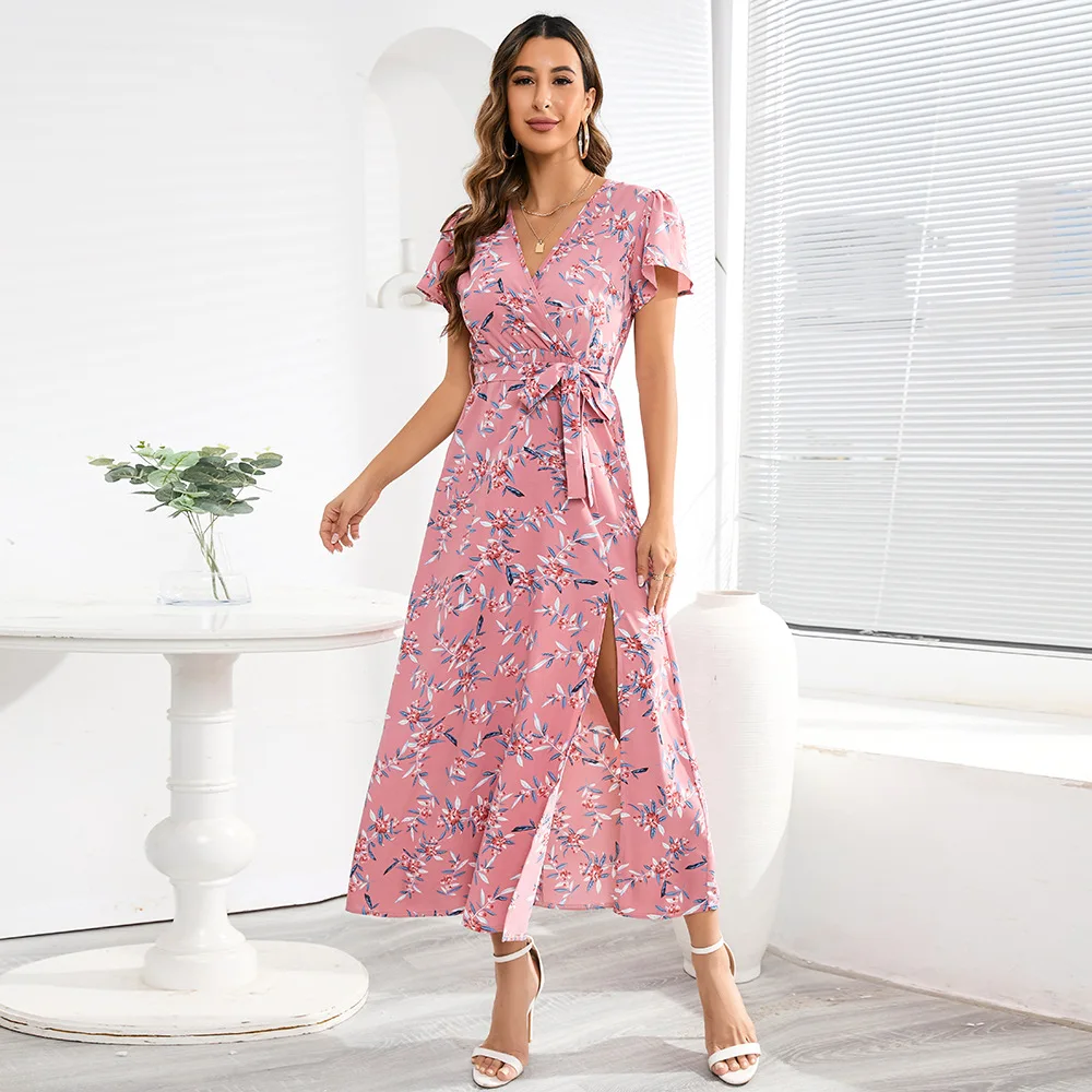 

Женское длинное шифоновое платье, розовое облегающее пляжное платье с цветочным принтом, V-образным вырезом и разрезом, лето 2023