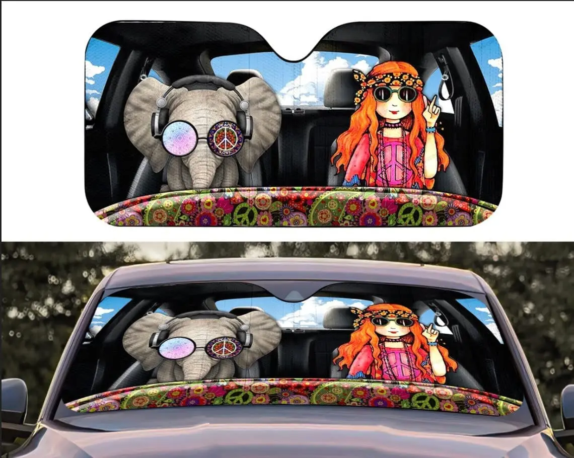

Hippie Girl and Elephant Driving Car Sunshade for Windshield, Hippie Auto Sun Shade, Elephant Car Sun Shade, Car Accessories, Su