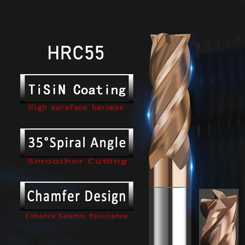 

Твердосплавная концевая фреза, 4 канавки HRC50 55 65, фреза из легированной стали для металла, фреза с ЧПУ, 4/6/8/10/12 мм, твердорезные инструменты