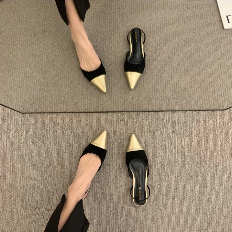 Elegant Summer New Women Sandals Splice Pointed Sexy Metal Color Flat Baotou Back Empty Fashion Ladies Mules Sandals Point Shoes