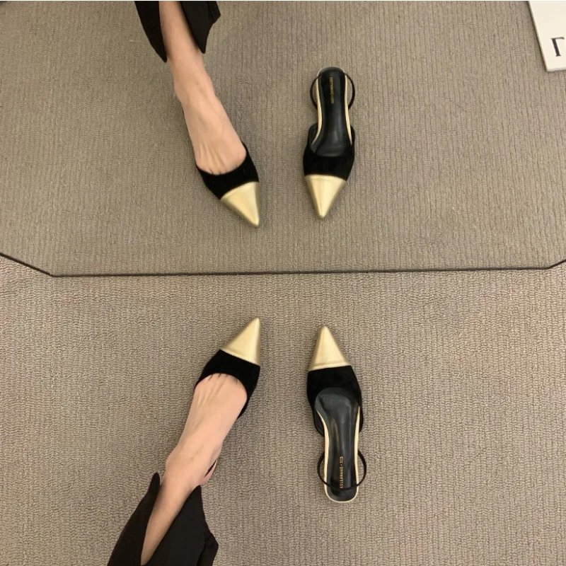 

Elegant Summer New Women Sandals Splice Pointed Sexy Metal Color Flat Baotou Back Empty Fashion Ladies Mules Sandals Point Shoes