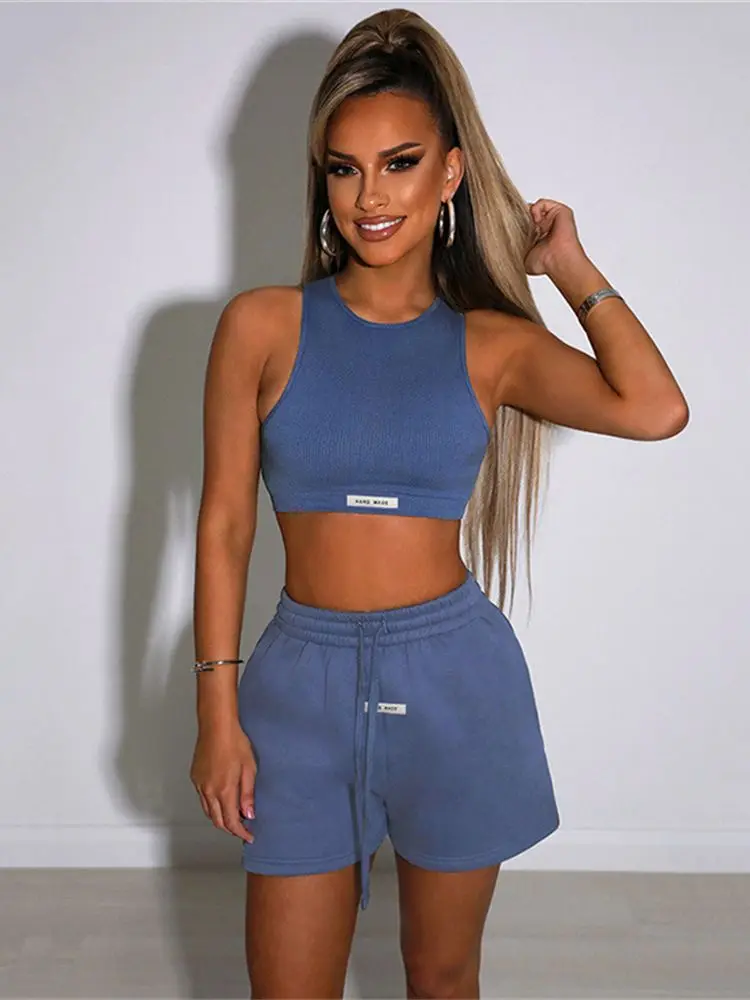 

Solid Color Slim Fit Sleeveless Crop Vest Loose Straight Casual Shorts Set Fashion Sports Fitness Sexy Women Y2K Party Club Wear