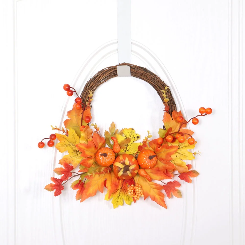 

14 Inch Artificial Fall Rattan Wreath Harvest Thanksgiving Halloween Home Decor for Front Door with Pumpkins Maple Leaf Berry
