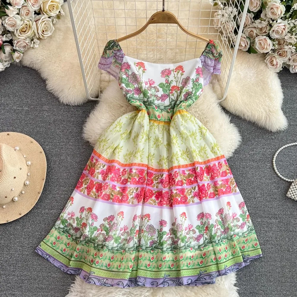 

Fashion Runway Gorgeous Flower Ruffles Chiffon Beach Dress Women Slash Neck Short Sleeve Floral Print Boho Robes Vestidos A556