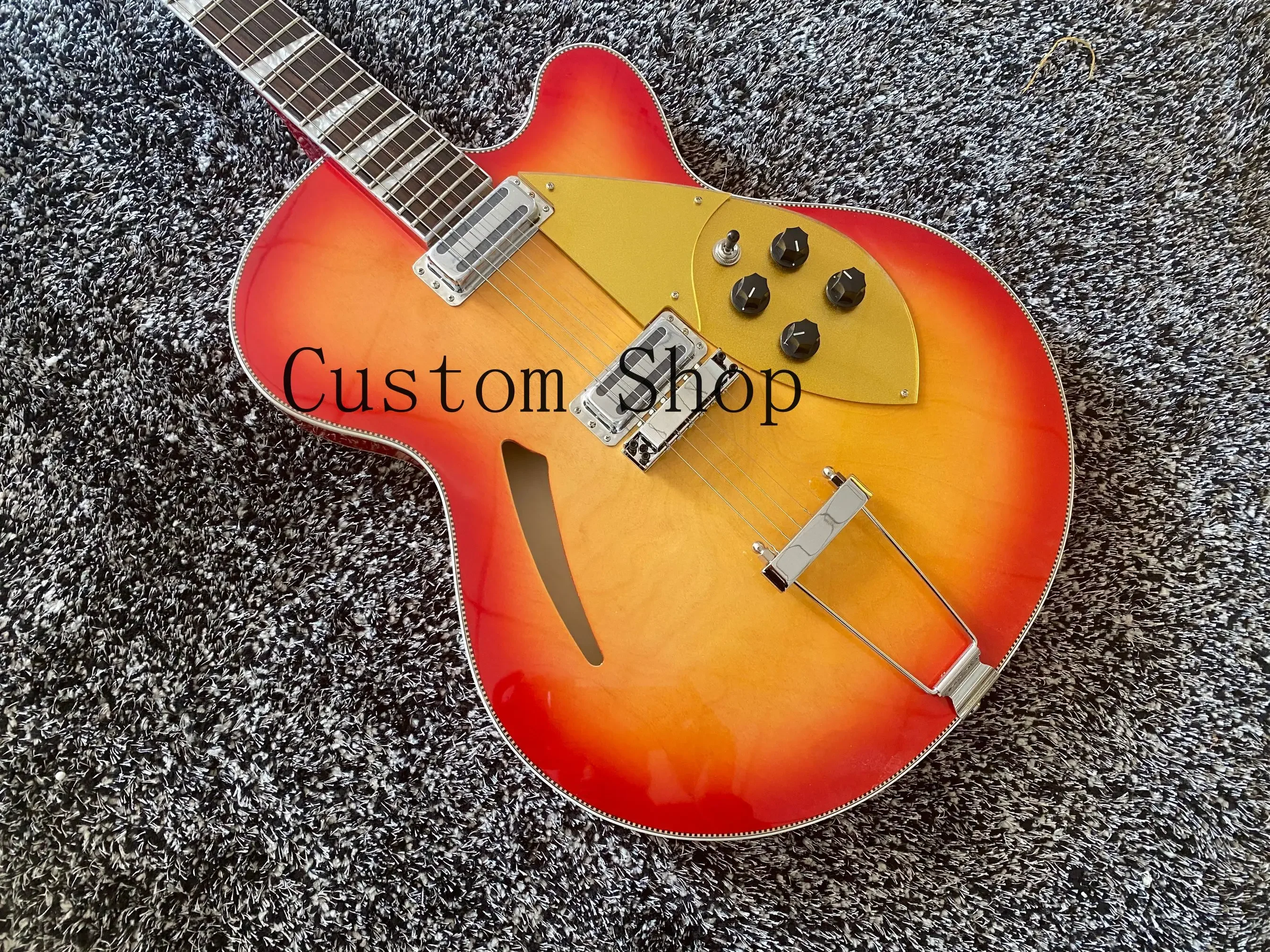 

370 6 струн вишня Sunburst Fire Glo полупустотелый корпус с отверстием, шахматная обвязка