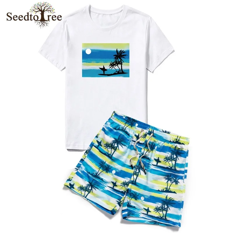 

Летний мужской комплект, футболка с круглым вырезом и коротким рукавом, женский пляжный праздничный костюм из двух предметов
