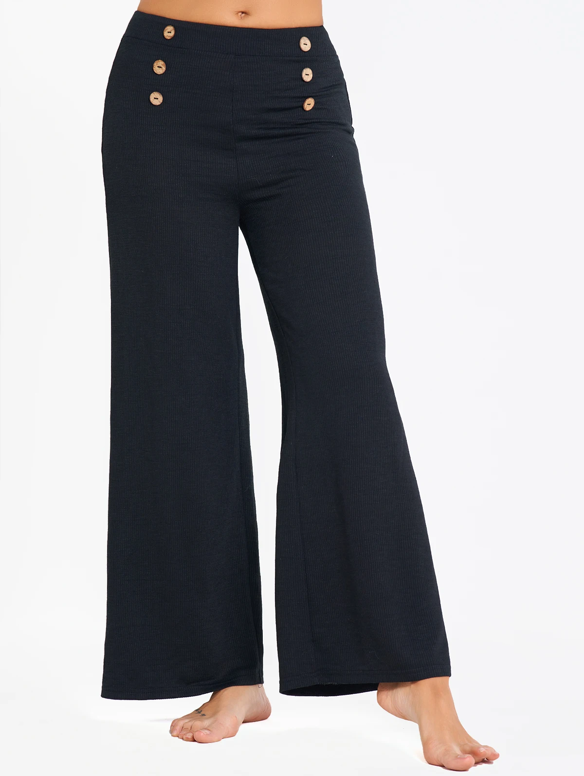 

Women Causal Solid Black Color Pants For Women Mock Button Elastic High Waisted Long Wide Leg Pants