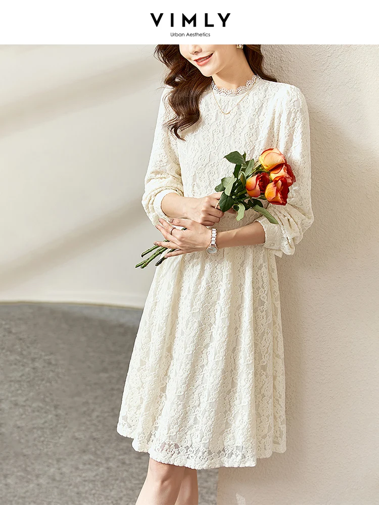 

Vimly Chic and Elegant White Lace Dresses for Women 2023 Spring Fashion Sweet Long Sleeve Party Dress Autumn Winter Clothes