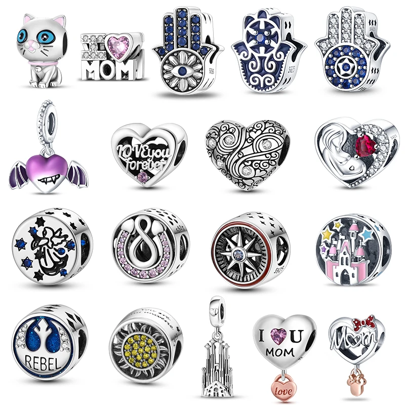 

2023 Round Wheel Heart Blue Zirconia Pendant Beads Fit Pandora 925 Silver Original Bracelet DIY Jewelry Making