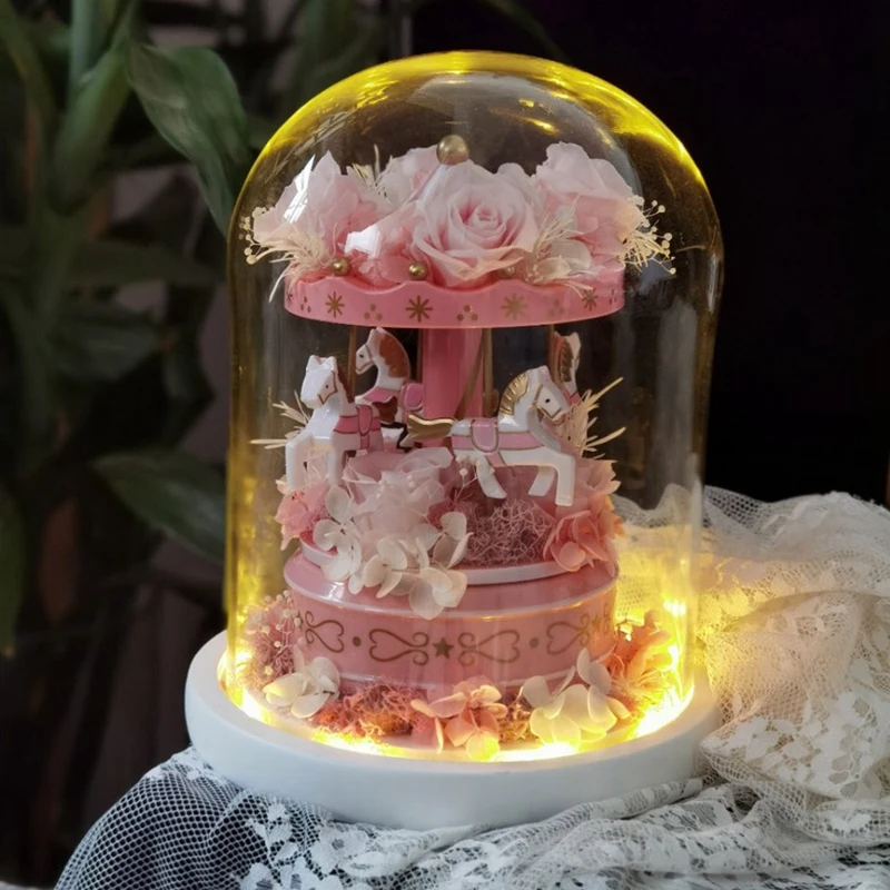 

Carousel Music Box Immortal Flower Glass Finished Ornament Birthday Wedding Gift Promotion
