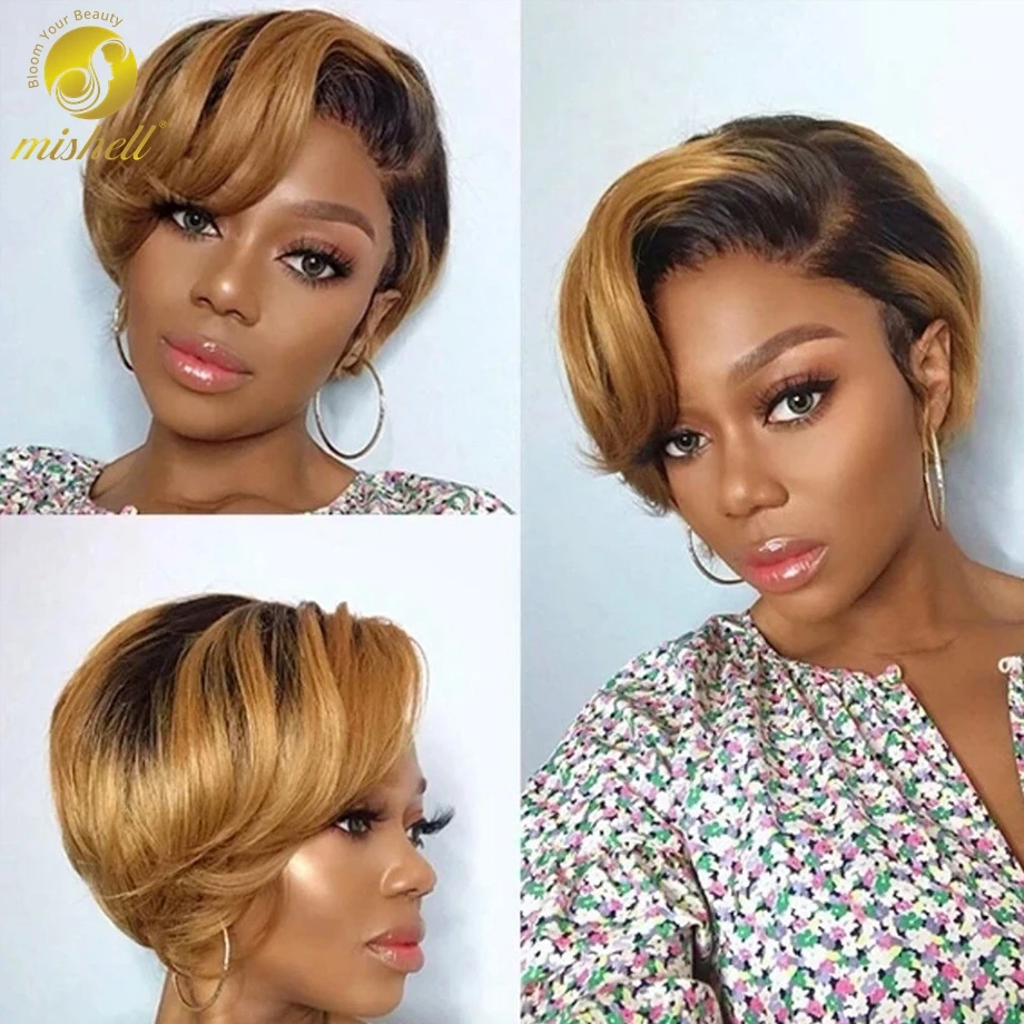 

Short Straight Bob Pixie Cut Wig 1B 27 Blonde Human Hair Wigs 13x1 T Part Transparent Lace Wig Brazilian Remy For For Women