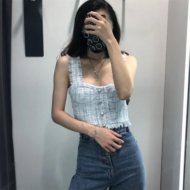 

2021 Women Summer New Tweed Tassel Button T-Shirt Embellished Strap Blue Top Y2k European and American Style Corset Top Indie