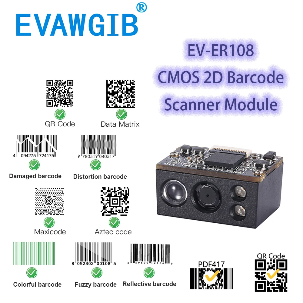 Evawgib Ev-er108 Incorporado 2d Qrcode Cmos Scanner de Código de Barras Mini Módulo Milhões Resolutiuon Usb Ttl Rs232