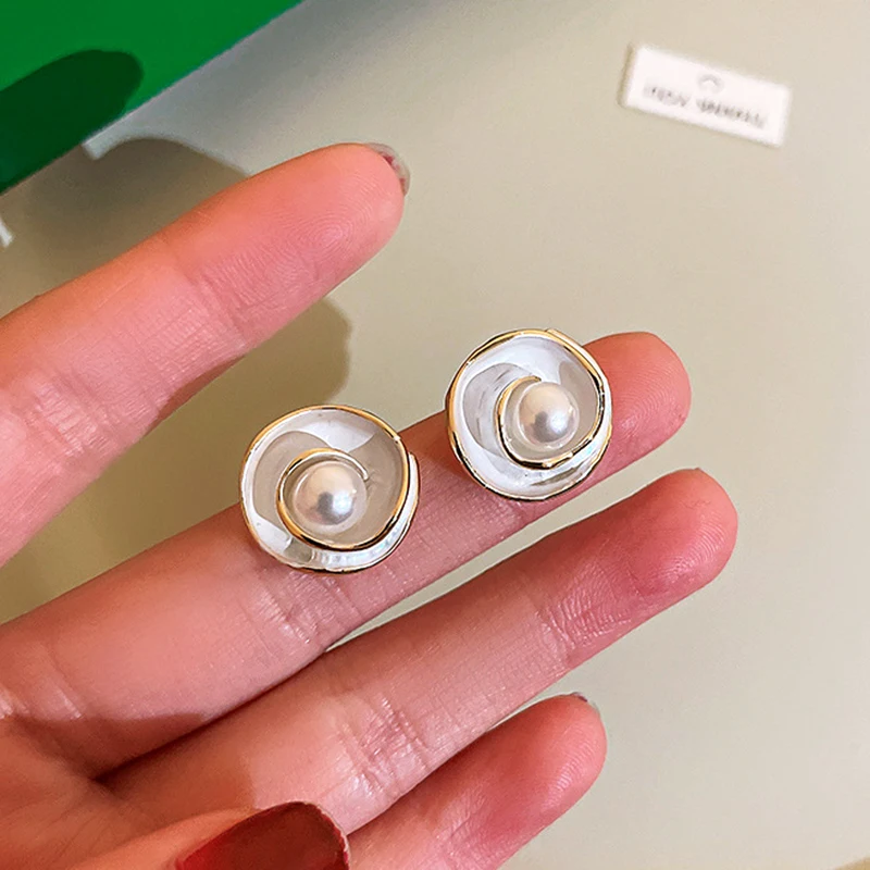 

New Popular 14K Gold Plated Pearl Enamel Flowers Earrings for Women Girl Jewelry S925 Silver Needle Stud Birthday Party Gift