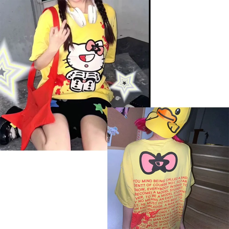 

Kawaii Sanrios Hellokittys хлопковая с коротким рукавом Удобная дышащая аниме милая мультяшная летняя футболка для девочек в стиле Харадзюку Y2k