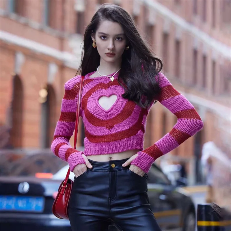 

Spring 2023 New in Sweater Women Korean Fashion Knitted Pullover High Quality Heart Hollow Stripe Contrast Long Sleeve Top Traf