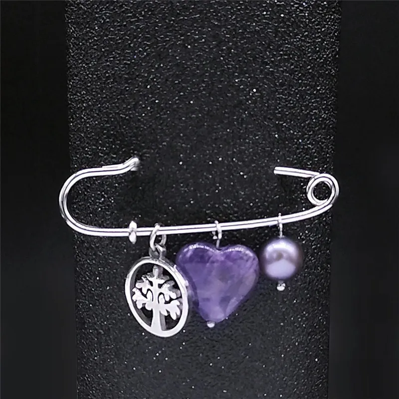 

Tree of Life Stainless Steel Crystal Freshwater Pearls Purple Natural Brooches Women/Men Silver Color Jewelry broche XXS07