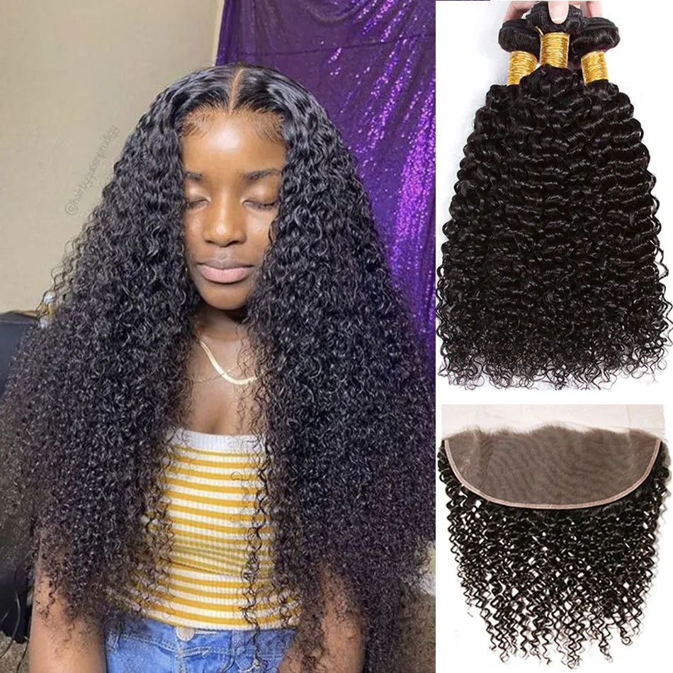 

12A Kinky Curly Bundles With Closure Malaysian Curly Hair 3 Bundles Add Frontal Jerry Virgin Unprocessed Human Hair Extensions