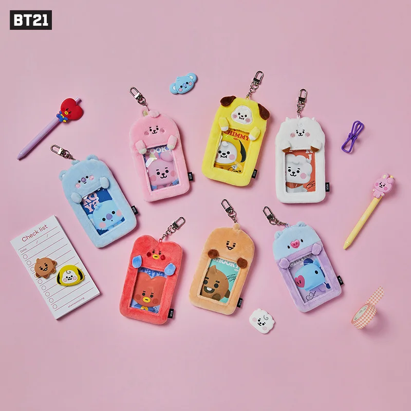 Korean Kawaii BT21 Plush Photocard Holder Keychain Kpop Idol Clear Photo Sleeve ID Card Cover Student Bag Keychain