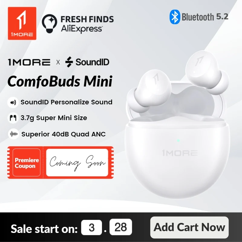 [Мировая премьера] 1MORE ComfoBuds Mini Bluetooth 5.2 наушники проводные 40 дБ активное шумоподавление ANC мини-размер до 24 часов работы батареи беспроводная зарядка водонепроницаемость IPX5 4 микрофон наушники