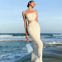 women elegant high waist backless long dress sexy hollow out solid color spaghetti straps lace up slim fit bodycon dress party