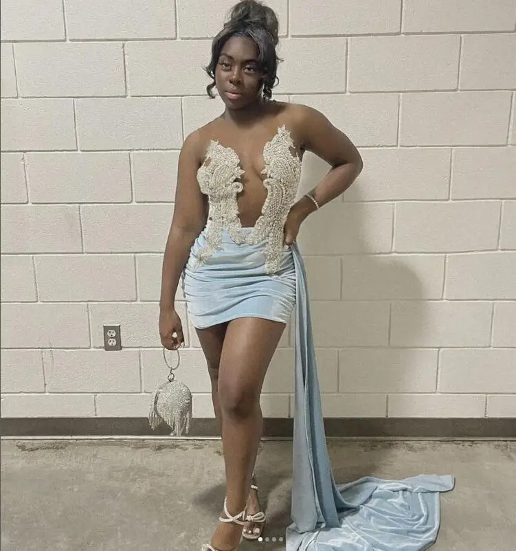 

New In Blue Velvet Evening Dress 2023 With Train Sexy Short Black Girls Prom Dresses Elegant Women Cocktail Homecoming Party