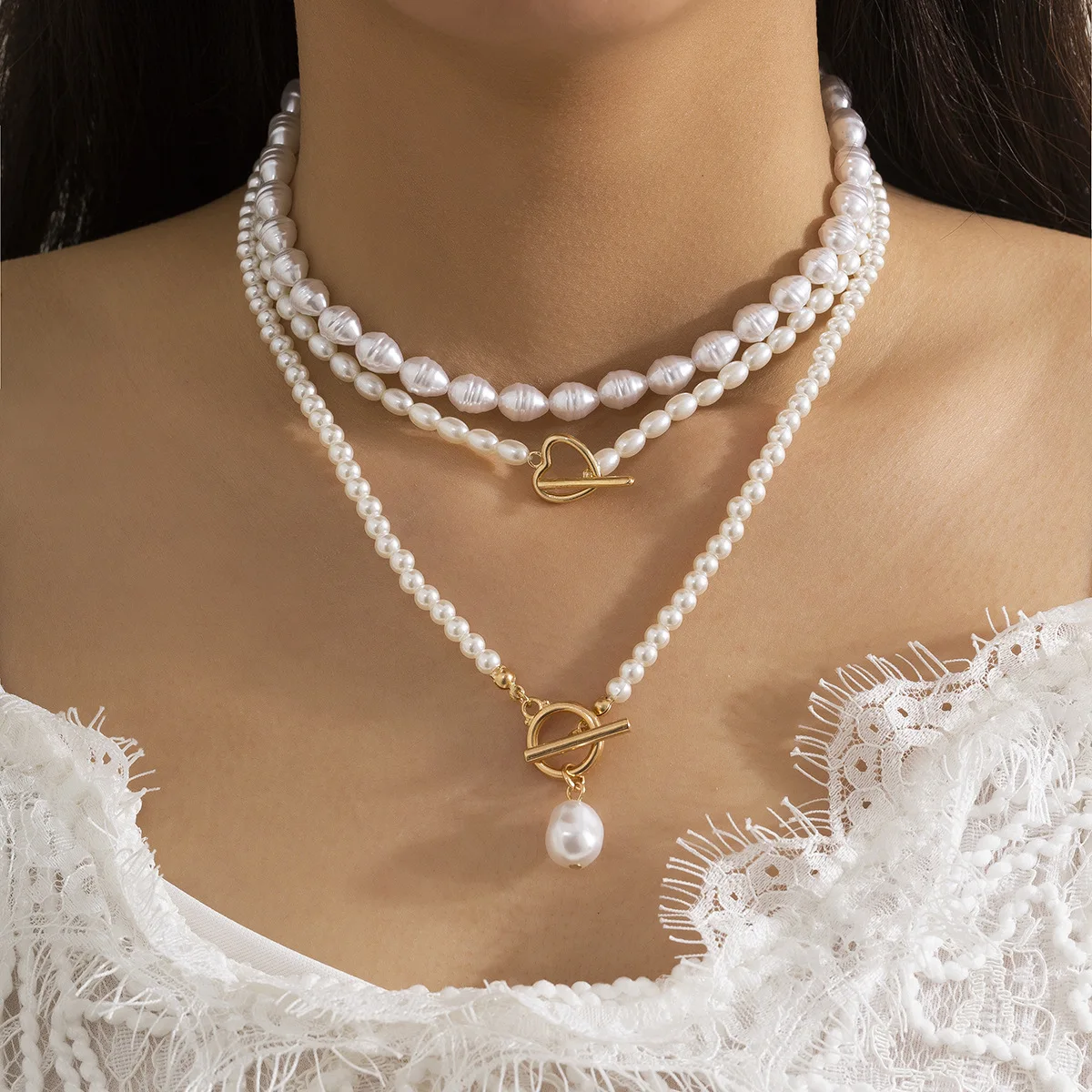 

Bohemian Vintage Baroque Pearl Heart OT Buckle Pendant Necklace For Women Wedding Bridal Bead Chain Neck Accessories Jewelry