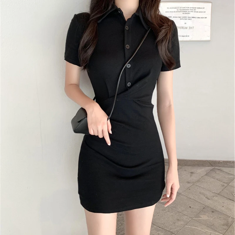 

Vintage 2022 Summer Short Sleeve Cotton Buttons Polo Sexy Dress Women Fashion Streetwear Outfits Party Elegant Pencil vestidos