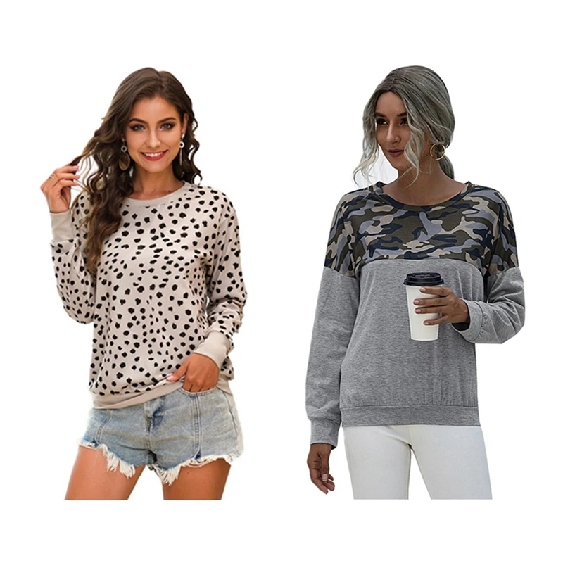 

Свитшот женский с леопардовым принтом, Топ с длинным рукавом, пуловер абрикосового цвета, камуфляжная уличная одежда с прострочкой, светло-...