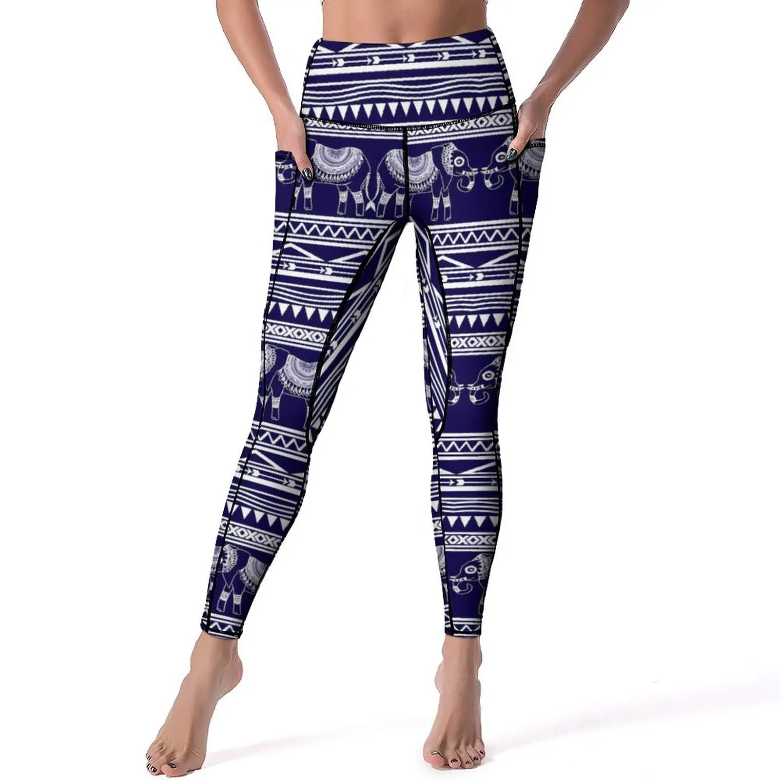 

Elephant Tribal Yoga Pants Sexy White and Blue Pattern Leggings Push Up Gym Leggins Women Sweet Stretch Sports Tights