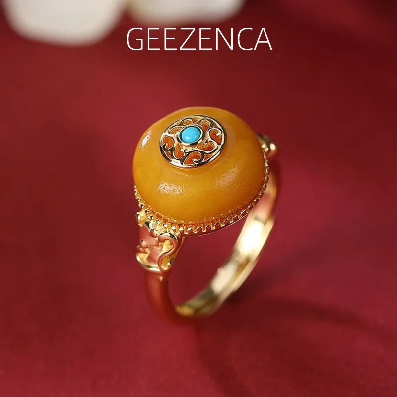 

GEEZENCA 925 Sterling Silver Gold Plated Natural Amber Lucky Rings For Women Vintage Luxury Chinese Court Style Open Rings Gift