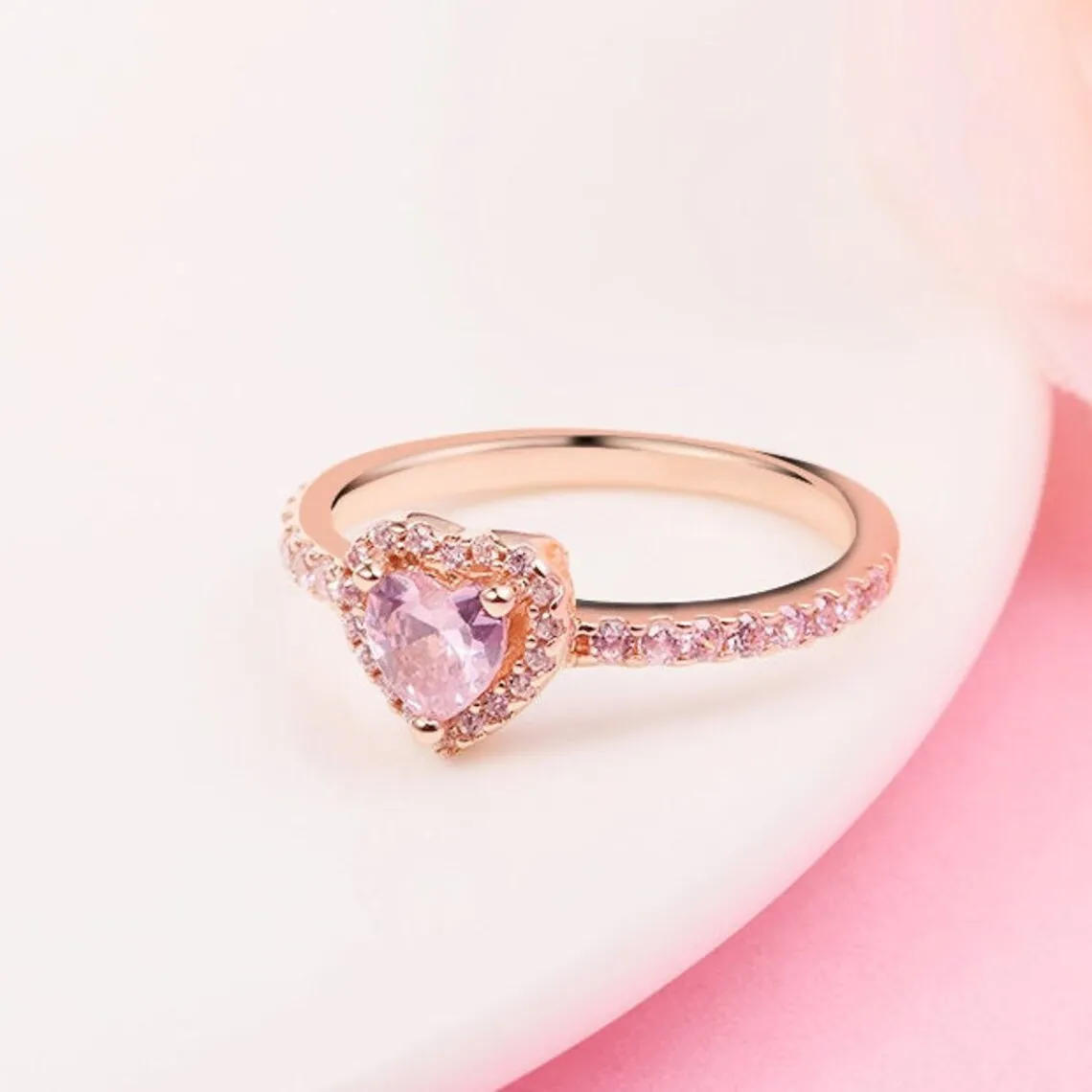 

Rose Gold Plated Sparkling Elevated Heart Ring with Pink Cz Fashion Pandora Style Jewelry Ring For Women