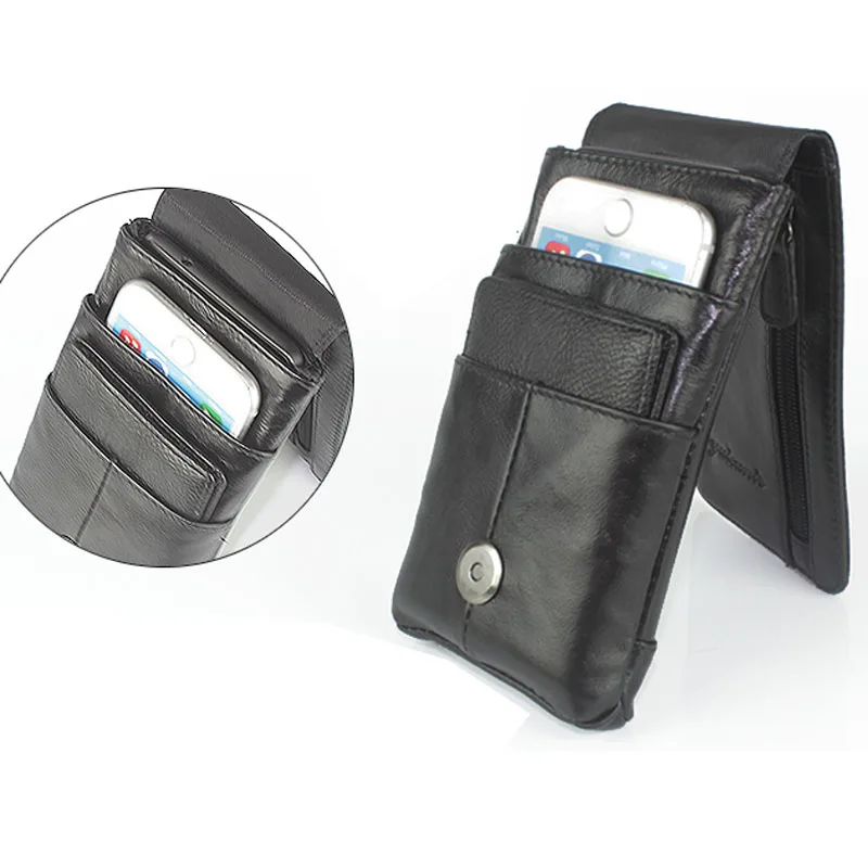 Hot Sale Men Genuine Leather Waist Bag Cell/Mobile Phone Case Card Holder Purse Pouch Hook Belt Skin Cowhide Fanny Pack