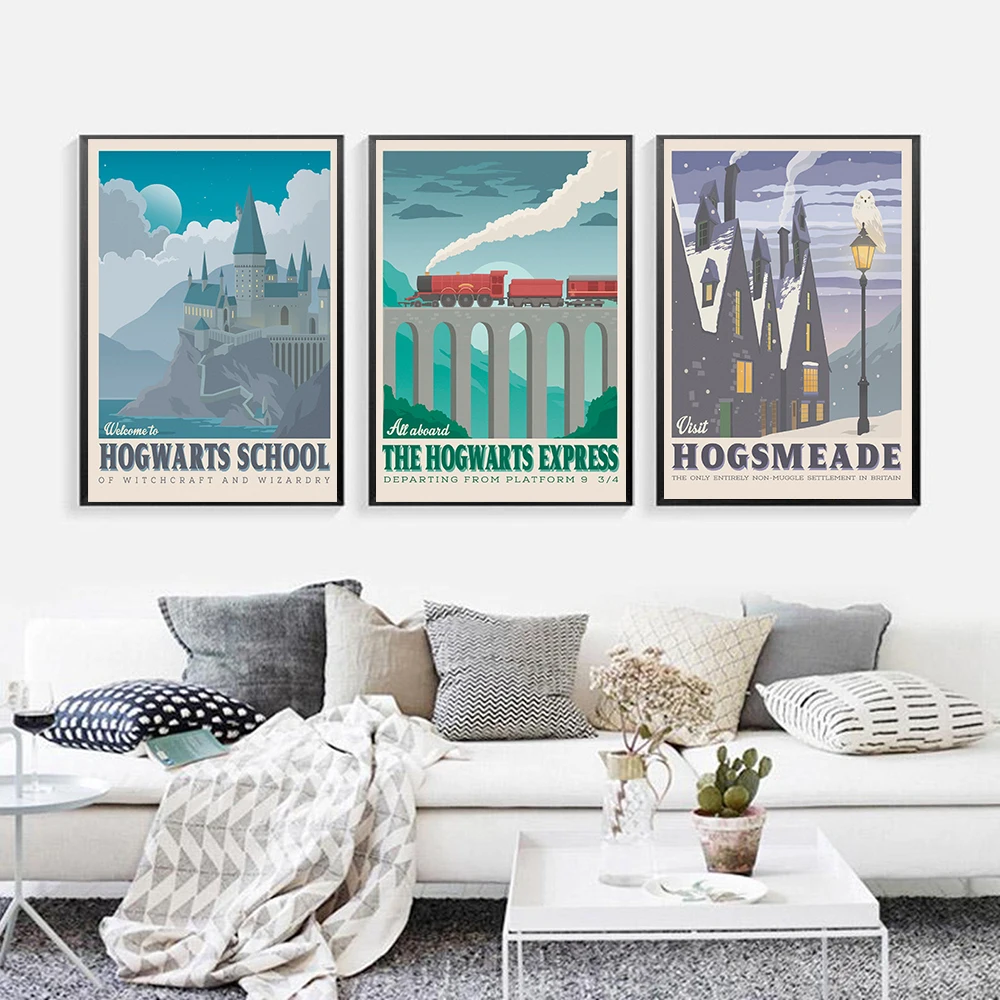 

Hogwarts Movie Retro Castle Train Posters and Prints Canvas Art Decorative Wall Pictures for Living Room Home Decor Painting