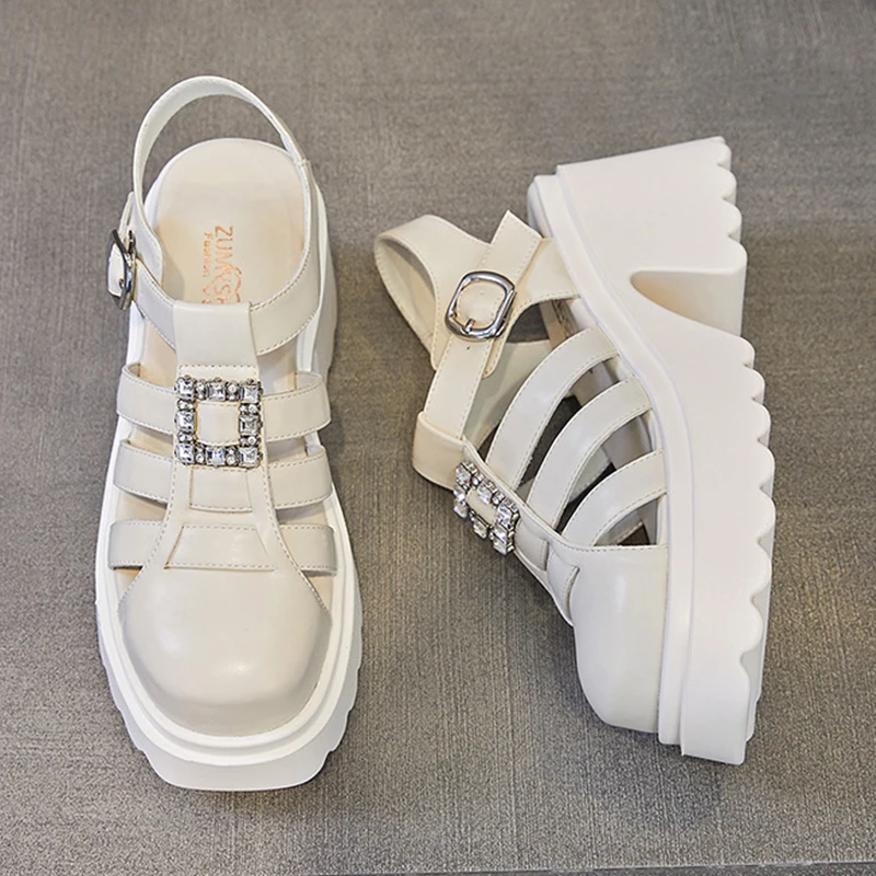 Rhinestones Deco Genuine Leather Punk Women's Sandals Soft Buckles Wearing Platform Buckle Casual Woman Sandals Female Shoes