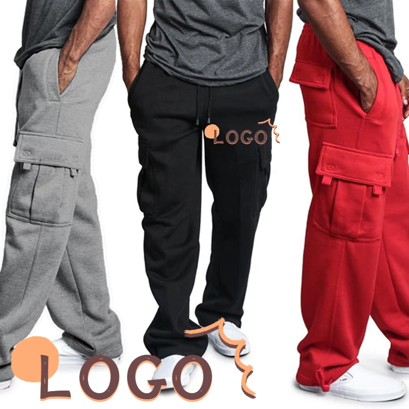 Custom Logo Men's Solid Cargo Long Pants 2022 New Casual Fashion Trend Cool Loose Drawstring Pockets Oversize Male Sport Trouser